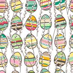 Seamless pattern with stylized pussy willow branches and painted eggs. Endless texture for your design.