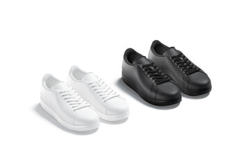 Blank black and white leather sneakers with lace mockup, isolated