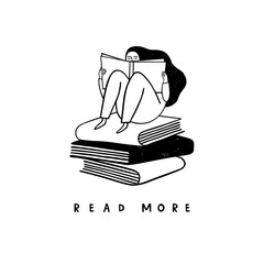 Graphic illustration of a girl reading a book. "Read more" poster. Vector illustration on white background. 