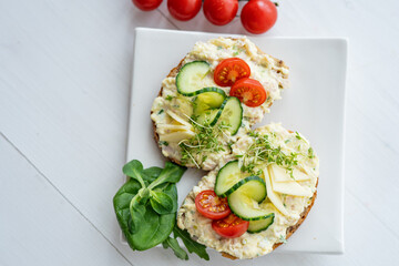 egg cheese tomoto cucumber open sandwich dip bread spread party finger food lunch snack