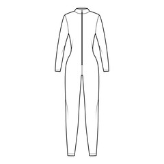 Catcuit Dungaree overall technical fashion illustration with full length, zipper closure, fitted body, long sleeves. Flat apparel garment front, white color style. Women, men unisex CAD mockup