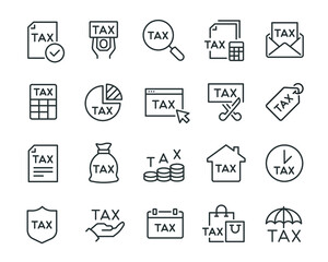 Tax Icons Set. Collection of linear simple web icons such as Tax Return, Tax Calendar, Tax Form, Purchase Tax, Tax Counting and other. Editable vector stroke.