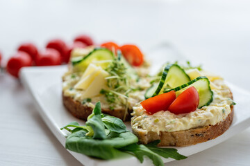 egg cheese tomoto cucumber open sandwich dip bread spread party finger food lunch snack