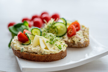 egg cheese tomoto cucumber open sandwich dip bread spread party finger food lunch snack
