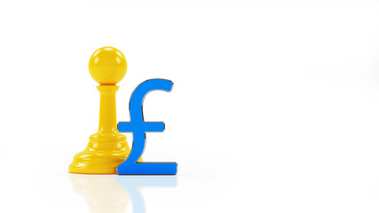 Finance concept yellow pawn and blue pound sign isolated on white background horizontal composition with copy space 3d rendering
