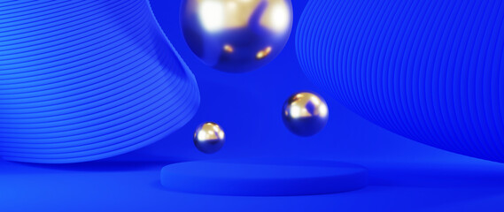 3d render of blue and gold podium. Background with geometric composition, semicircular stand. Modern design.