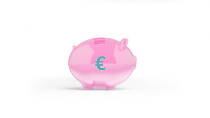 Finance concept pink-colored transparent piggy bank with euro sign isolated on white background horizontal composition with copy space 3d rendering