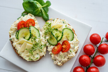 egg cheese tomoto cucumber open sandwich dip bread spread party finger food lunch snack