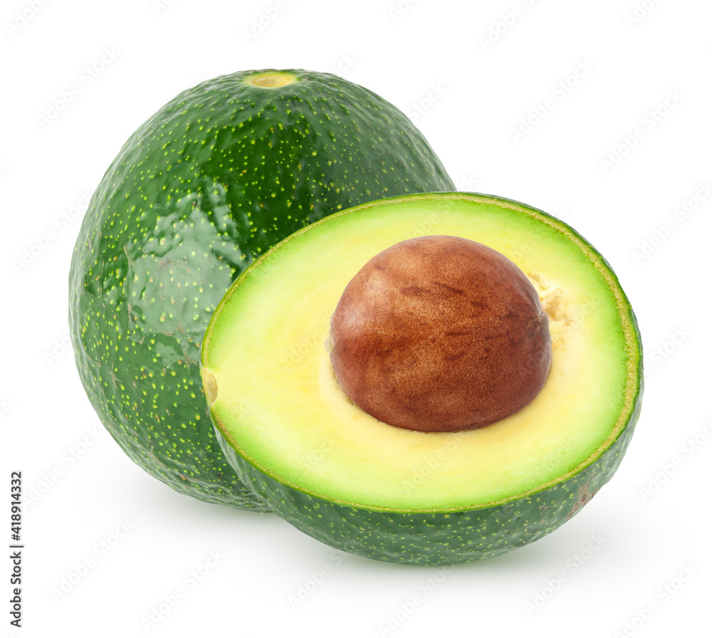 Wall mural isolated avocado. whole avocado and a half with seed isolated on white background with clipping path