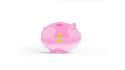 Finance concept pink-colored transparent piggy bank with pound sign isolated on white background horizontal composition with copy space 3d rendering