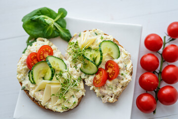 egg cheese tomoto cucumber open sandwich dip bread spread party finger food lunch snack