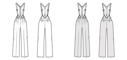 Suspender Pants Dungarees technical fashion illustration with full length, normal waist, high rise, pockets. Flat apparel garment bottom front back, white grey color style. Women men unisex CAD mockup