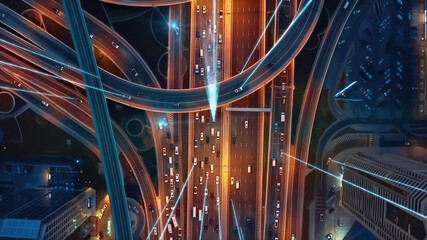 Autonomous Vehicles Cars Next Generation GPS Satellite Connection 5G Smart City Traffic Junction...