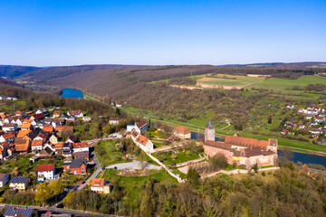 Fototapeta na wymiar Aerial view, Rothenfels Castle, Rothenfels am Main, Spessart, Franconia, Bavaria, Germany,