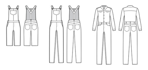 Set of Dungarees Denim overall jumpsuit technical fashion illustration with full knee length, normal waist, high rise, pockets, Rivets. Flat front back, white color style. Women, men unisex CAD mockup