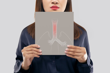 Asian woman holding a white paper trachea and lungs picture of his mouth against the gray background. Bronchitis symptoms. Concept with healthcare and medicine. - obrazy, fototapety, plakaty