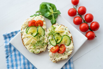 egg cheese tomoto cucumber open sandwich dip bread spread party finger food lunch snack