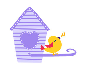Cute bird singing a song at the bird house. Vector