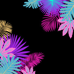 Neon tropical leaves of palm trees, monstera, fern and other plants. Vector color sketch on a black background. Ultraviolet pink, blue, turquoise.