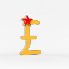 Finance concept yellow-colored pound symbol and red-colored star shape Isolated on white-colored background Square composition with copy space 3d rendering