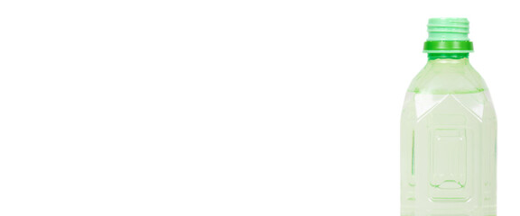 Green colored water bottle, isolated on white background.