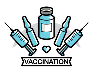 Vaccination theme vector illustration of a syringe with ampules and vial isolated over white, epidemic or pandemic coronavirus covid 19 or flu or SARS or any other vaccine, pharmacology concept.