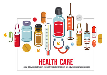 Medical flyer of pharmacy drugstore or medical clinic vector flat design, compositions of pills bottles and ampules isolated over white, health care and healing medicine theme design.
