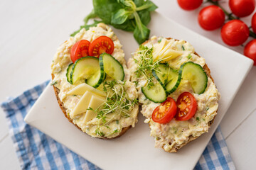 egg cheese tomoto cucumber open sandwich dip bread spread party finger food lunch snack