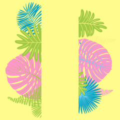 Fototapeta na wymiar Yellow Neon tropical leaves of palm trees, monstera, fern and other plants. Vector color sketch on a yellow background. Ultraviolet pink, blue, turquoise.