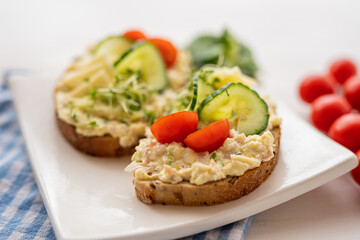 egg cheese tomoto cucumber open sandwich dip bread spread party finger food lunch snack