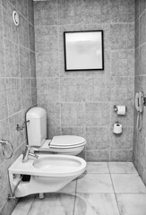 Toilet room with white sink and bidet