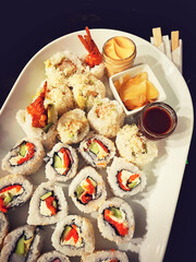 sushi platter with sauces