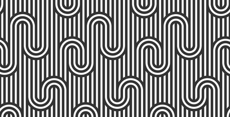 Obraz premium Lined seamless vector pattern with twisted lines, geometric abstract background, stripy net, optical maze, web network. Black and white design.