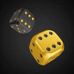 3d rendering two rolling dices isolated on black background