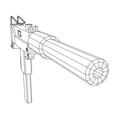 Submachine gun modern firearms pistol with silencer. Wireframe low poly mesh vector illustration.