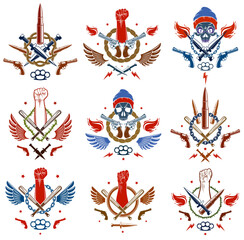 Anarchy and Chaos aggressive emblem or logo with strong clenched fist, aggressive skull, bullets and guns, weapons and different design elements , vector tattoo, rebel and revolutionary.