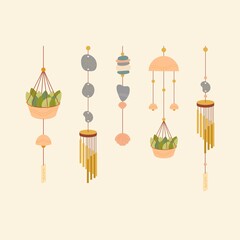 A set of wind chimes. Vector set of bells. Wind sounds. Wind music.