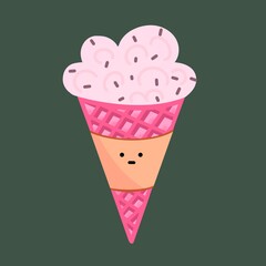 Pink waffle cone with ice cream. Hand drawn.