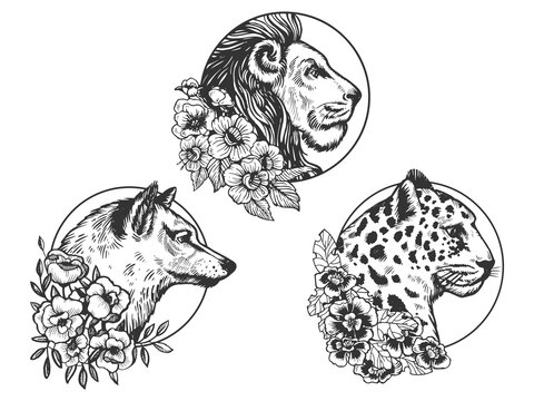 Lion wolf leopard heads animal set tattoo with flowers sketch engraving vector illustration. T-shirt apparel print design. Scratch board imitation. Black and white hand drawn image.