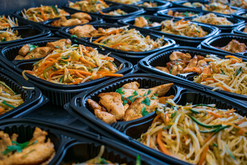 thai style chicken, chinese takeaway, chicken and vegetable wok in plastic containers, takeaway