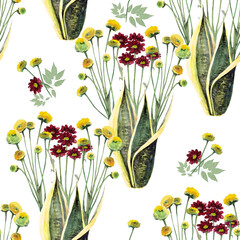 Decorative leaves with flowers in the garden on white background. Floral seamless pattern.