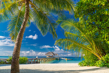 Maldives beach resort landscape, relaxing palm tree leaves with blue sky, water villa. Idyllic summer travel vacation, holiday destination. Exotic inspirational nature view, tropical island paradise.