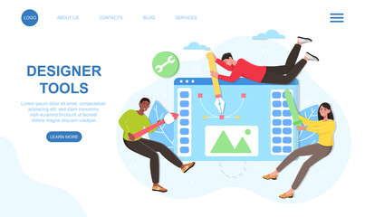 Male and female characters using designer tools to create illustration. Young artists floating together with designer tools. Website, web page, landing page template. Flat cartoon vector illustration