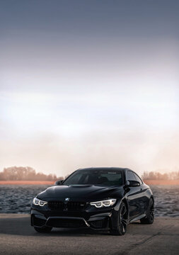 Kherson, Ukraine - March 2019. BMW M4 F82 Competition in a black color.