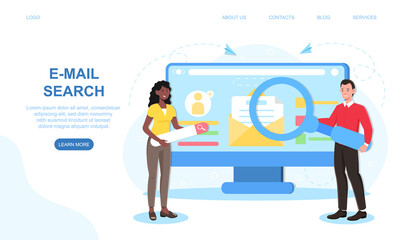 Male and female characters are searching for e-mail with magnifier. Concept of zoom searching information email search. Website, web page, landing page template. Flat cartoon vector illustration