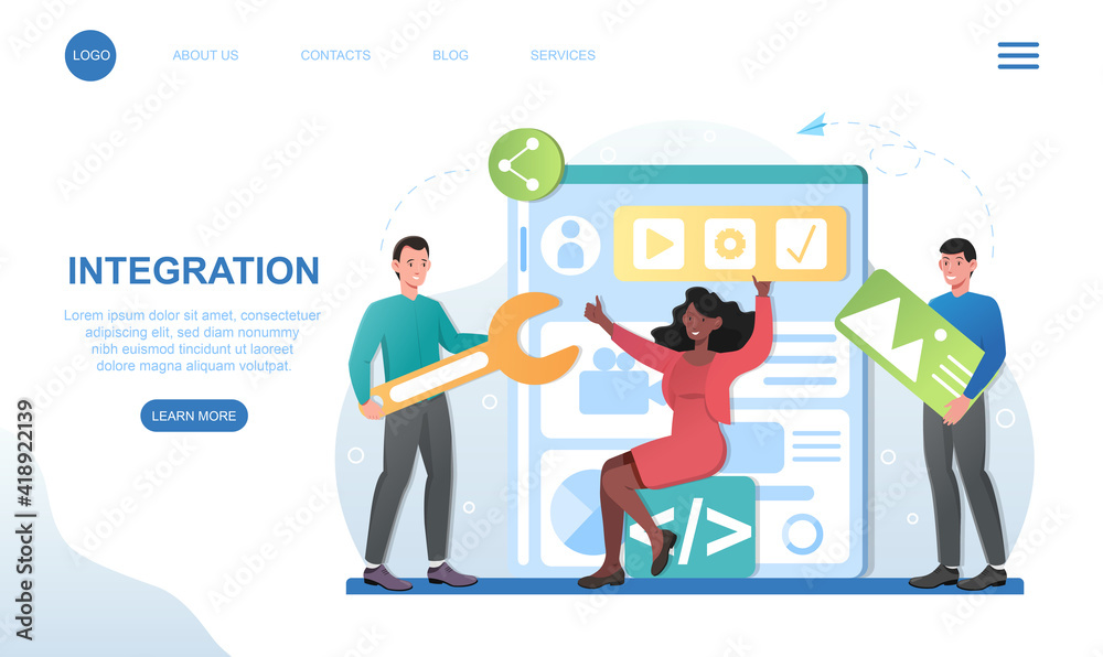 Wall mural male and female characters are integrating design parts for website. concept of software and website