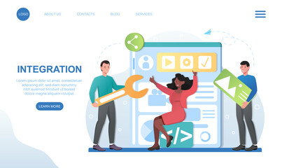 Male and female characters are integrating design parts for website. Concept of software and website development. Website, web page, landing page template. Flat cartoon vector illustration