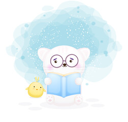 Cute kitty and chicks read book cartoon character Premium Vector