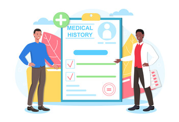 Fototapeta Male doctor is checking medical history of a patient. Doctor is exploring patient medical history, card with illnesses. Website, web page, landing page template. Flat cartoon vector illustration obraz