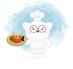 Cute kitty chef holding tasty fish on plate. fresh fish healthy dinner. fish delicious dish illustration. Premium Vector